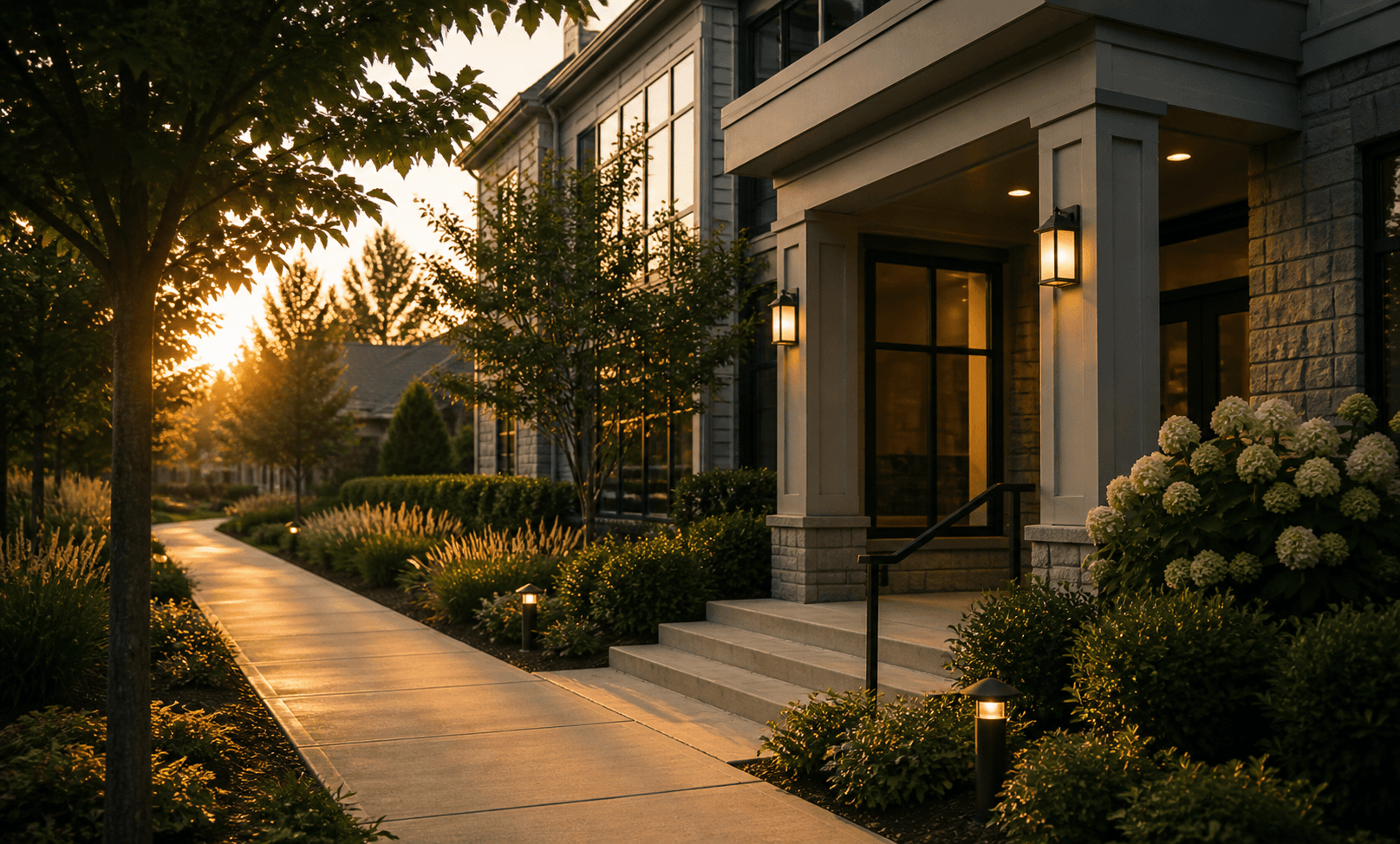 A community home at golden hour — walkway, bollard lights, and hydrangeas at the entrance.